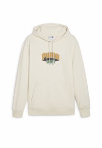Felpa color crema con tasca a marsupio, cappuccio regolabile con lacci e logo "PUMA SPORTS" in giallo, verde e nero. Tessuto morbido al tatto.