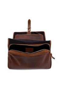 Brown leather pouch with a zipper. Features a dark interior and a branded patch. Includes a leather strap for closure and organization.