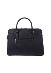 Sac à main en cuir noir avec une finition texturée, deux poignées, une poche avant zippée et des accents en métal argenté. Forme rectangulaire.