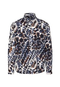 Camisa de manga larga con botones en una tela blanca que presenta un patrón abstracto de pinceladas azules y marrones. Cuello estructurado, diseño ajustado.