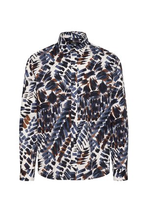 Langarmoverhemd in een witte stof met een blauw en bruin abstract penseelstrekenpatroon. Gestructureerde kraag, slim fit ontwerp.