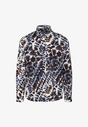 Cămașă cu mânecă lungă, butonată, dintr-un material alb, cu un model abstract de linii în nuanțe de albastru și maro. Guler structurat, design slim fit.