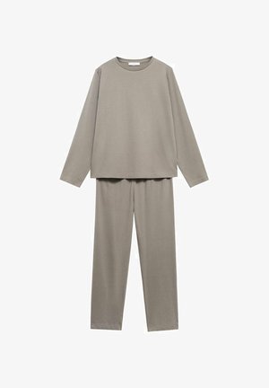 Světlé šedé domácí oblečení vyrobené z měkké bavlny. Obsahuje top s dlouhým rukávem a kulatým výstřihem a kalhoty volného střihu s elastickým pasem.