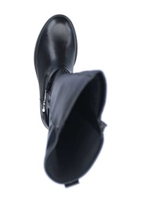 Bottes en cuir noir avec un bout arrondi, longueur mi-mollet et une fermeture éclair latérale. Texture lisse avec un léger éclat et des bords cousus.