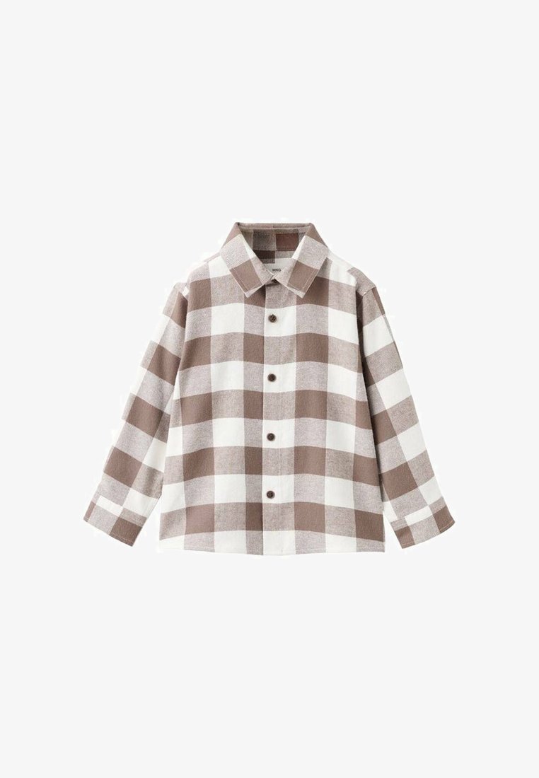 Cămașă cu guler, mâneci lungi și croială lejeră, cu carouri maro și alb. Material moale cu un model texturat.