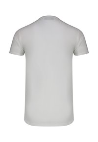 Απλό κοντομάνικο t-shirt ανοιχτού γκρι χρώματος με στρογγυλή λαιμόκοψη, εμφανίζεται από πίσω με απαλή υφή υφάσματος.