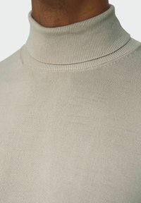 Hellgrauer Rollkragenpullover aus glattem, strukturiertem Stoff. Hat eine figurbetonte Passform und einen gerippten Kragen. Nahaufnahme, die die Details zeigt.
