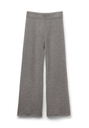 Šedé kalhoty s širokými nohavicemi vyrobené z měkké texturované látky s elastickým pasem a bez výrazných vzorů či ozdob.