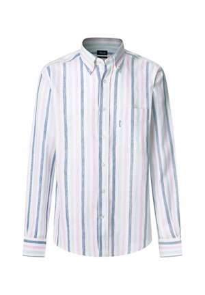 Gestreiftes Langarmhemd mit vertikalen Linien in Hellrosa, Blau, Grün und Weiß, mit Button-Down-Kragen und Brusttasche.