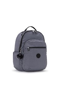 Black and white patterned backpack with two front zippered pockets, top handle, and a decorative black pom-pom. Made of durable fabric.