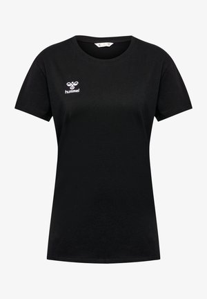 Melnas kokvilnas t-krekls ar īsām piedurknēm, apaļu kakla izgriezumu un baltu izšūtu "hummel" logo uz kreisā krūšu.