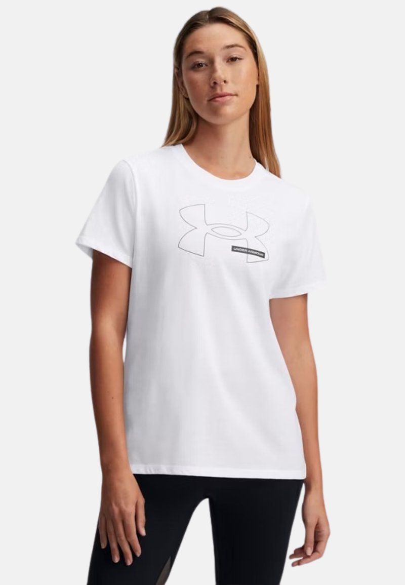 T-shirt blanc à manches courtes avec un logo en contour noir centré sur la poitrine. Présente un design classique à col rond et est fabriqué en coton doux.