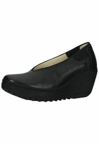 Scarpe a zeppa nere in pelle texturizzata, con punta rotonda e pannelli elastici laterali per una vestibilità sicura. La suola è scanalata per una presa migliore.