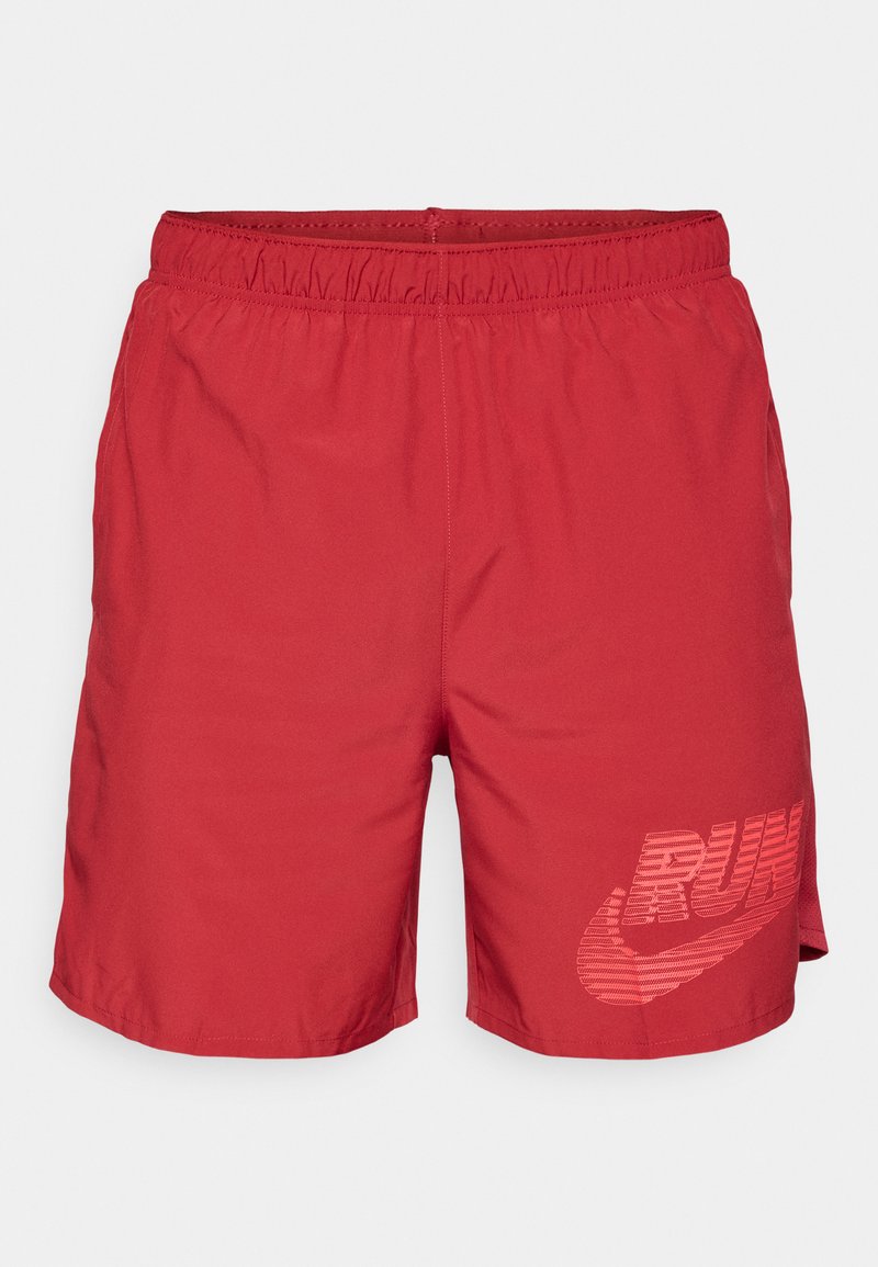 Pantaloncini atletici rossi con vita elasticizzata, materiale leggero e grafica laterale con la parola "RUN" in carattere bold.