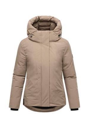 Giubbotto imbottito beige con colletto alto e cappuccio regolabile, caratterizzato da una vestibilità dritta e dettagli neri sui polsini e sull'orlo.