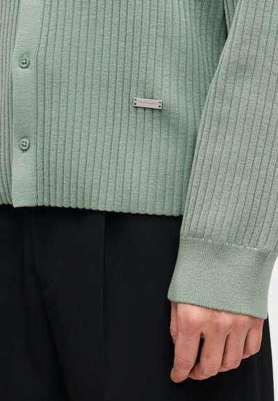Ανοιχτό πράσινο ριγέ ζακέτα με υφή υφάσματος, κλείσιμο με κουμπιά στο μπροστινό μέρος και μικρή ασημένια ετικέτα με το όνομα της μάρκας ανάγλυφο. Ορατό μαύρο παντελόνι.