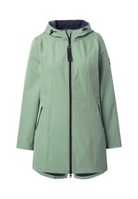 Voděodolná zelená bunda se zapínáním na zip vpředu, nastavitelnou kapucí a bočními kapsami. Hladký materiál s kontrastním tmavě modrým podšívkou a zipem.