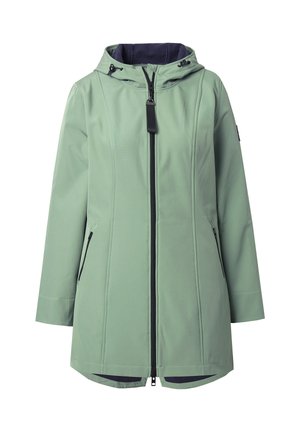 Waterbestendig groen jack met ritssluiting aan de voorkant, verstelbare capuchon en zijzakken. Gladde textuur met contrasterende marineblauwe voering en rits.