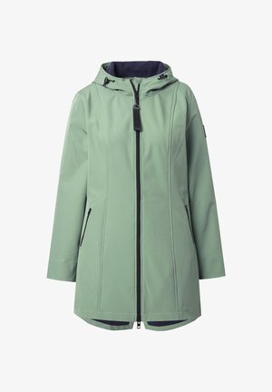 Waterbestendig groen jack met ritssluiting aan de voorkant, verstelbare capuchon en zijzakken. Gladde textuur met contrasterende marineblauwe voering en rits.