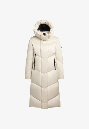 Cappotto lungo color crema, imbottito, con un motivo a zigzag, collo alto e due tasche laterali nere con zip. Finisce lucido e liscio.