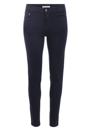 Mørkeblå smalle jeans lavet af denim, med et klassisk fem-lomme design, lynlåsgylpter og metalknapdetalje i taljen.