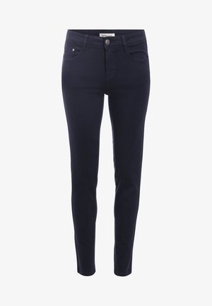 Jean skinny bleu marine en denim, avec un design classique à cinq poches, une fermeture éclair et un bouton en métal à la taille.