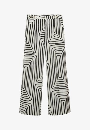 Pantaloni a gamba larga in un tessuto crema con motivi a righe nere. Presentano una parte anteriore piatta, passanti per la cintura e senza dettagli hardware visibili.