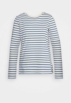 T-shirt à manches longues et col rond avec des rayures horizontales bleues et blanches, présentant une petite fente latérale à l'ourlet.