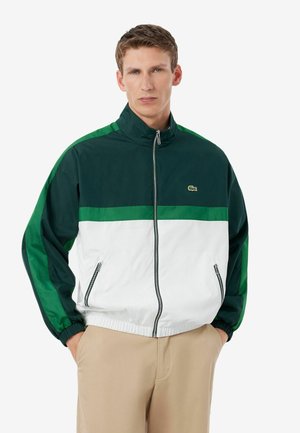 Giovane uomo che indossa una giacca con zip verde, bianca e verde scuro con dettagli a strisce verdi e pantaloni beige, in piedi con le mani in tasca.