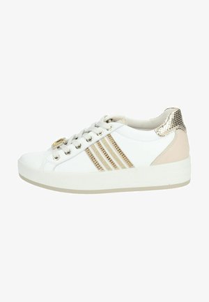 White sneaker with gold accents, featuring three textured stripes, smooth leather construction, and a rounded toe. Snakeskin-like detail at the heel.