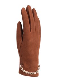 Guanto in suede marrone con design aderente, caratterizzato da un'accenno di catena dorata al polso. Texture liscia e cinque aperture per le dita per la destrezza.