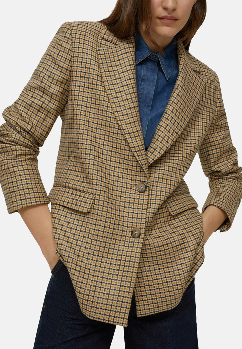 Blazer con motivo pied de poule giallo e blu, con rever a incavo, due tasche frontali e chiusura con un bottone.