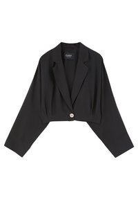 Černý zkrácený blazer vyrobený z hladké tkaniny, s dlouhými rukávy, jedním předním zapínáním na knoflík a strukturovanými klopami.