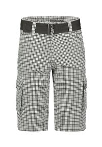 Checked cargo shorts in black and white, featuring a woven belt, two side pockets, and a lightweight, textured fabric. Size 32.