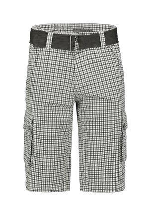 Gestreifte Cargo-Shorts in Schwarz und Weiß, mit einem gewebten Gürtel, zwei seitlichen Taschen und einem leichten, strukturierten Stoff. Größe 32.