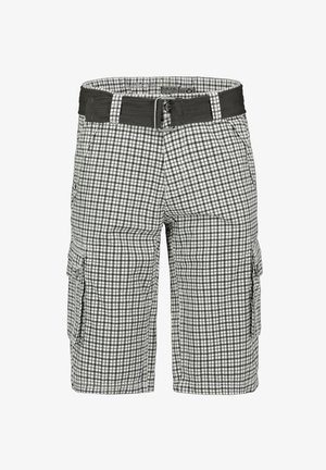 Checked cargo shorts in black and white, featuring a woven belt, two side pockets, and a lightweight, textured fabric. Size 32.