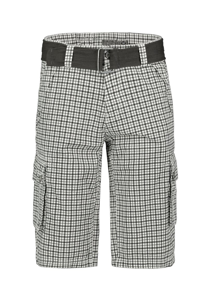 Checked cargo shorts in black and white, featuring a woven belt, two side pockets, and a lightweight, textured fabric. Size 32.