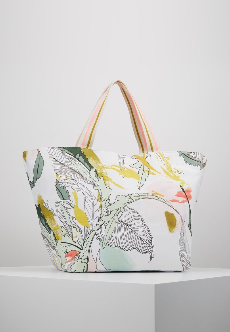 Grand sac cabas en tissu à imprimé floral vert, jaune et rose. Doté de bretelles solides aux couleurs rayées.