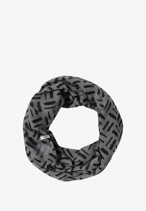 Écharpe infini gris en tissu doux, ornée d'un motif abstrait noir avec une épaisseur de ligne variable. Légère et texturée.