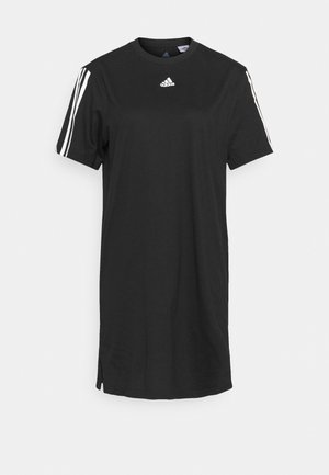 Schwarzes Adidas T-Shirt-Kleid mit weißen drei Streifen an den Ärmeln und Adidas-Logo auf der Brust, kurzen Ärmeln und Seitenschlitzen am Saum.