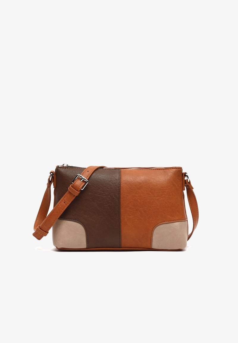 Rectangular crossbody bag with adjustable strap, featuring brown, tan, and beige color blocks and a top zipper closure.