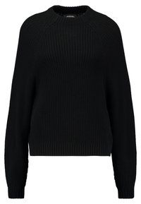 Svart stickad tröja med ribbad textur, rund hals och långa ärmar. Har raglanärmar och en åtsittande fåll. Enkel design.