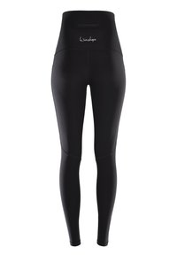Leggings neri a vita alta realizzati in tessuto elasticizzato, con tasca posteriore nascosta e cuciture lisce per comfort e flessibilità.