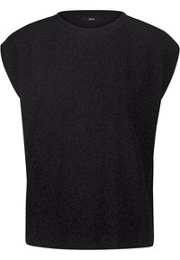 Top nero senza maniche con scollatura rotonda. Realizzato in tessuto testurizzato con un leggero luccichio. Taglio dritto e design minimalista. Senza ulteriori accentuazioni.