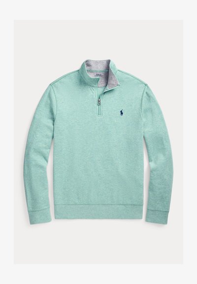 Sweatshirt verde claro com meio fecho e colarinho interior cinzento, com logótipo azul-marinho no peito, feita de tecido macio e texturizado.