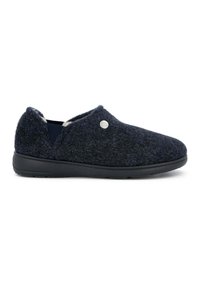 Scarpe slip-on in feltro grigio scuro con punta rotonda, suola in gomma nera e un piccolo dettaglio in metallo sul lato. Fodera interna morbida visibile.
