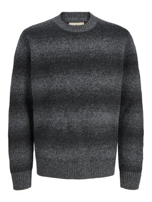 Pull ras du cou pour hommes de couleur gris foncé avec manches longues et un motif subtil en dégradé horizontal en tricot texturé.