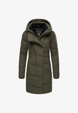 Olive green puffer coat with a hood, featuring a structured design, diagonal stitching, and a contrasting inner lining with a geometric pattern.