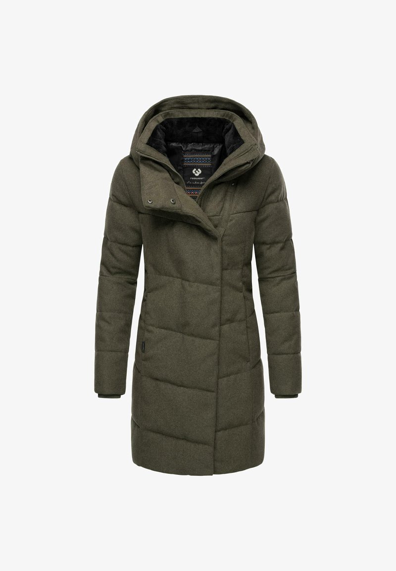 Olivengrønn pufferjakke med hette, med en strukturert design, skrå sømmer og en kontrastfarget innerforing med et geometrisk mønster.