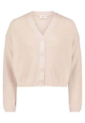 Hæklet cardigan i blød pink, med V-halsudskæring, cropped design og fem knaplukninger foran. Lange ærmer med ribbede manchetter.